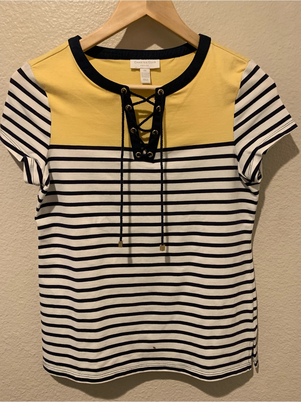 Charter Club Yellow and Black Lace-Up Striped Short Sleeve Tee